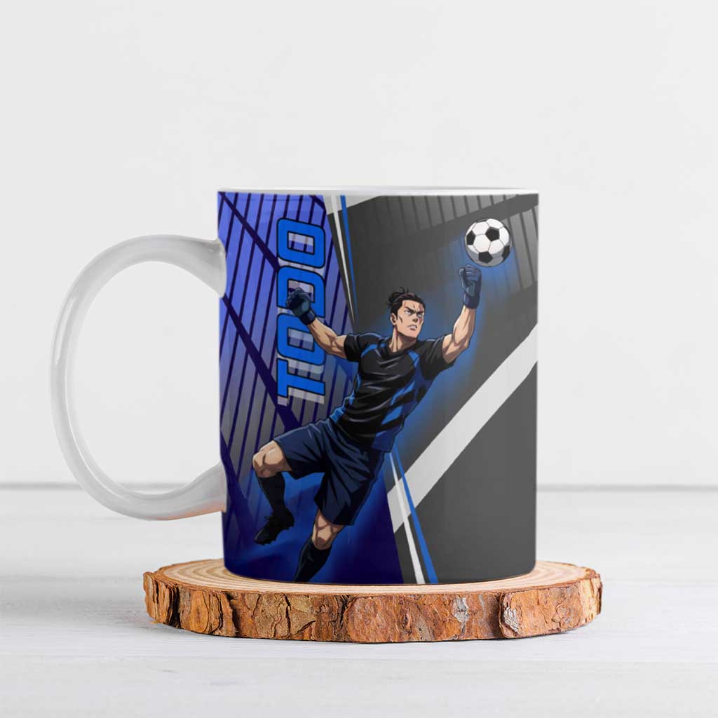 Personalized Aoi Todo Jujutsu Kaisen Ceramic Mug with Blue Gradient and Goalkeeper Action Design