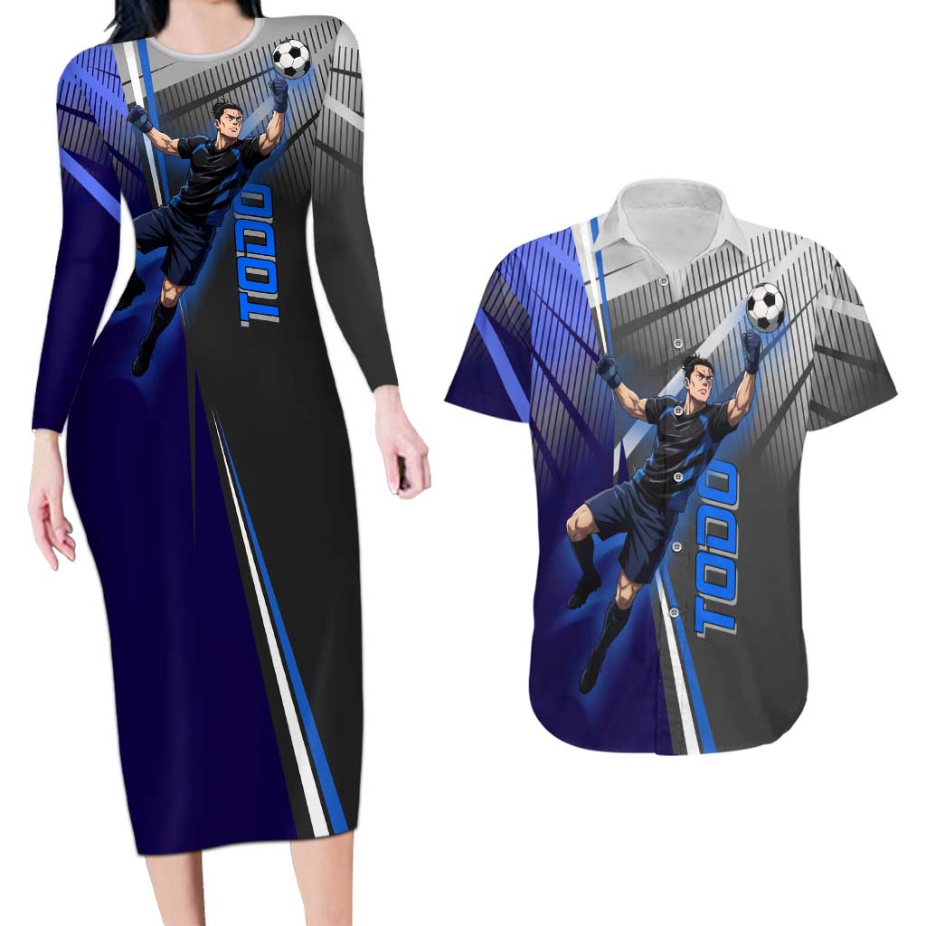 Personalized Aoi Todo Jujutsu Kaisen Couples Matching Long Sleeve Bodycon Dress and Hawaiian Shirt with Blue Gradient and Goalkeeper Action Design