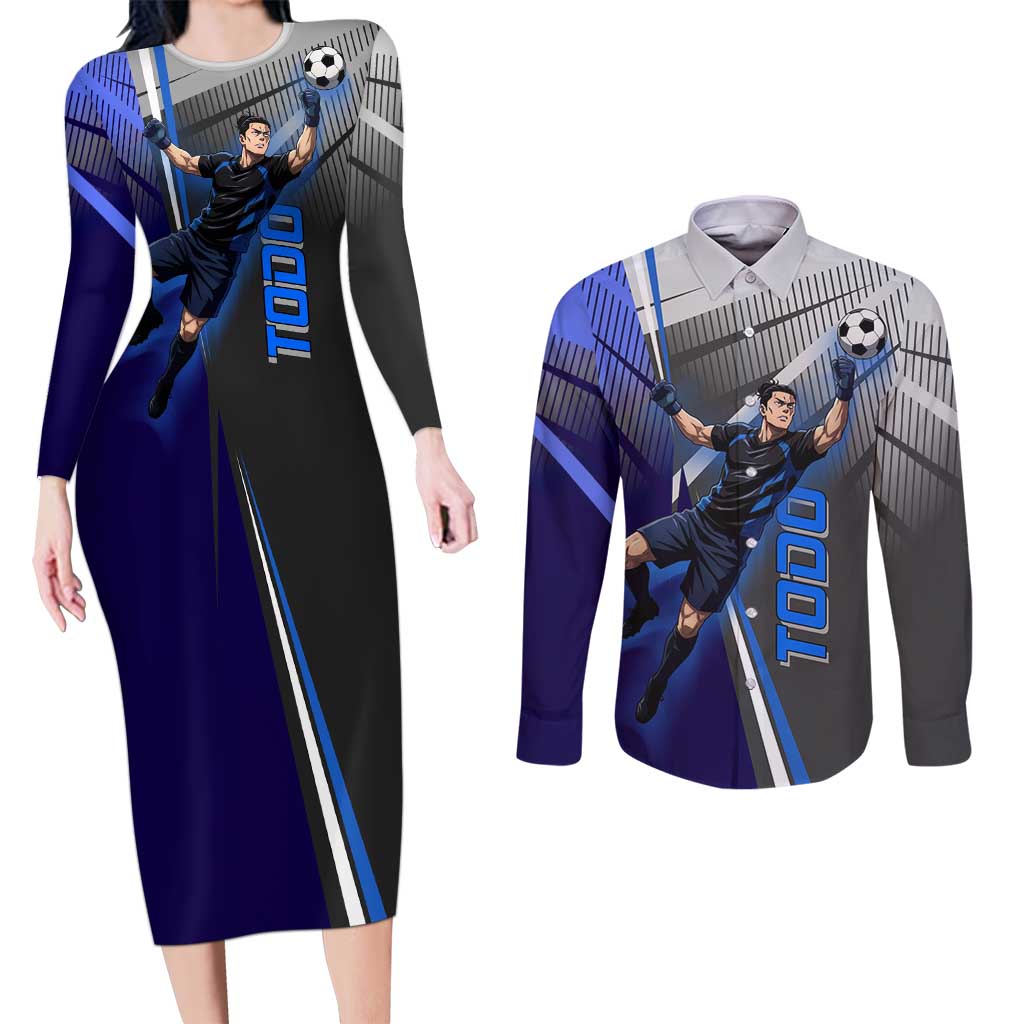 Personalized Aoi Todo Jujutsu Kaisen Couples Matching Long Sleeve Bodycon Dress and Long Sleeve Button Shirt with Blue Gradient and Goalkeeper Action Design