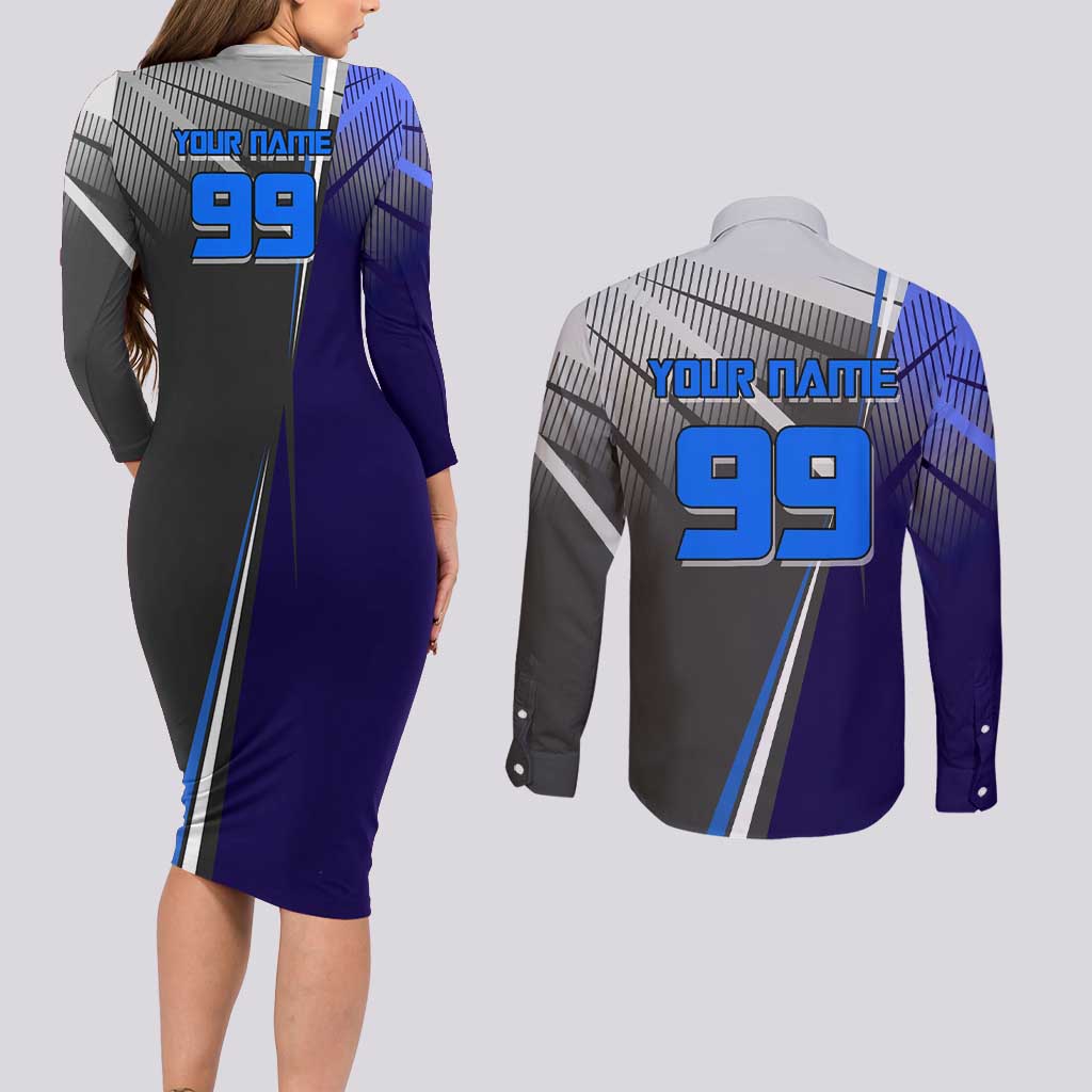 Personalized Aoi Todo Jujutsu Kaisen Couples Matching Long Sleeve Bodycon Dress and Long Sleeve Button Shirt with Blue Gradient and Goalkeeper Action Design