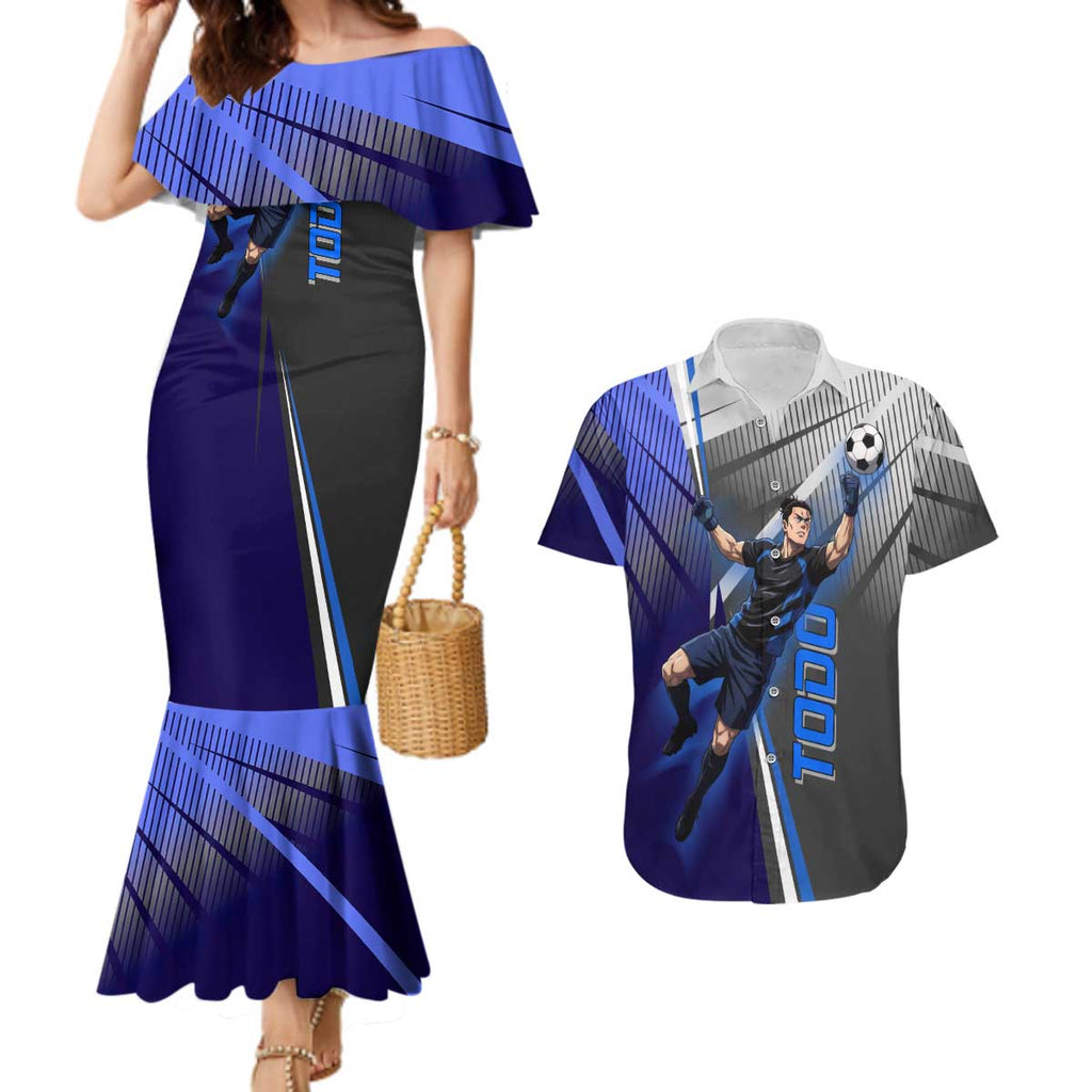 Personalized Aoi Todo Jujutsu Kaisen Couples Matching Mermaid Dress and Hawaiian Shirt with Blue Gradient and Goalkeeper Action Design