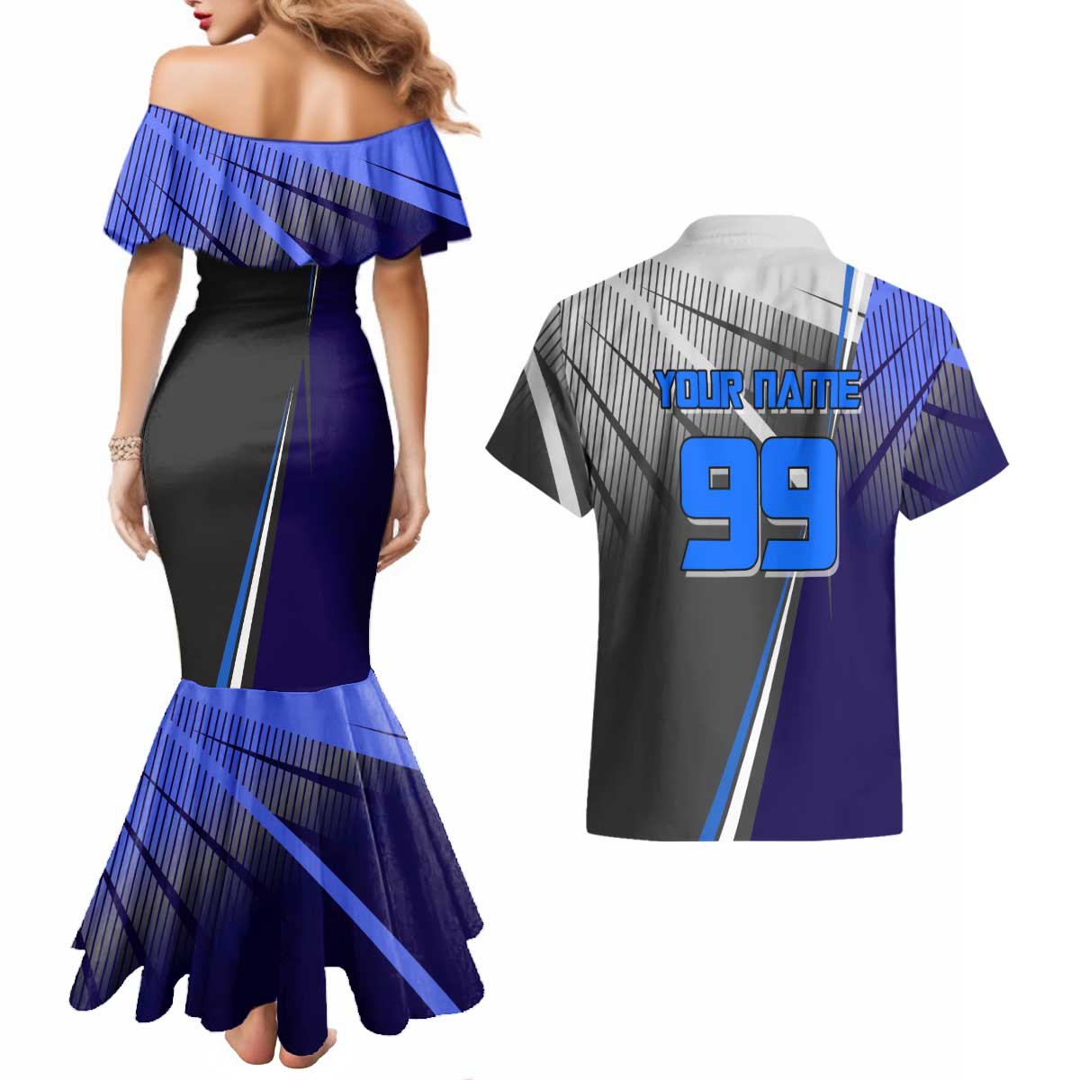 Personalized Aoi Todo Jujutsu Kaisen Couples Matching Mermaid Dress and Hawaiian Shirt with Blue Gradient and Goalkeeper Action Design