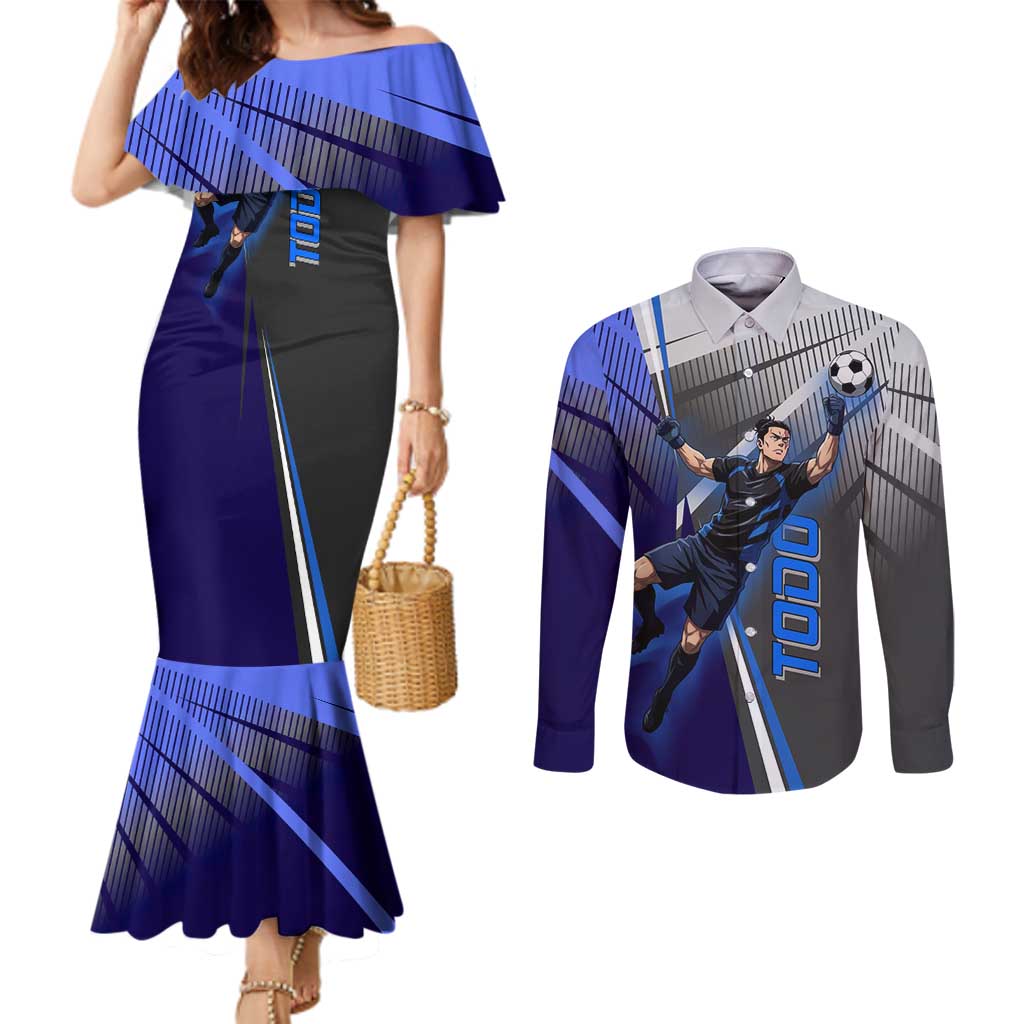 Personalized Aoi Todo Jujutsu Kaisen Couples Matching Mermaid Dress and Long Sleeve Button Shirt with Blue Gradient and Goalkeeper Action Design