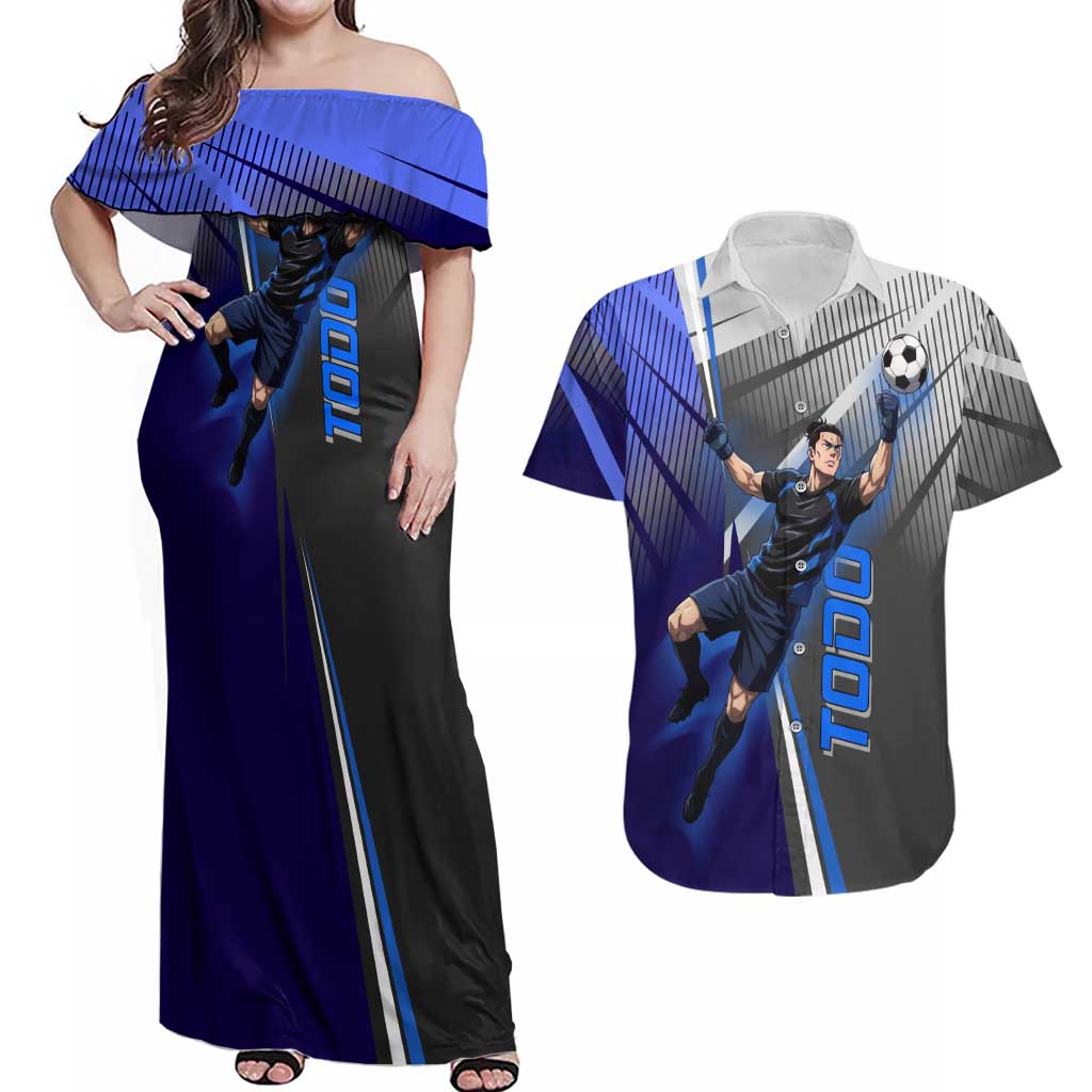 Personalized Aoi Todo Jujutsu Kaisen Couples Matching Off Shoulder Maxi Dress and Hawaiian Shirt with Blue Gradient and Goalkeeper Action Design