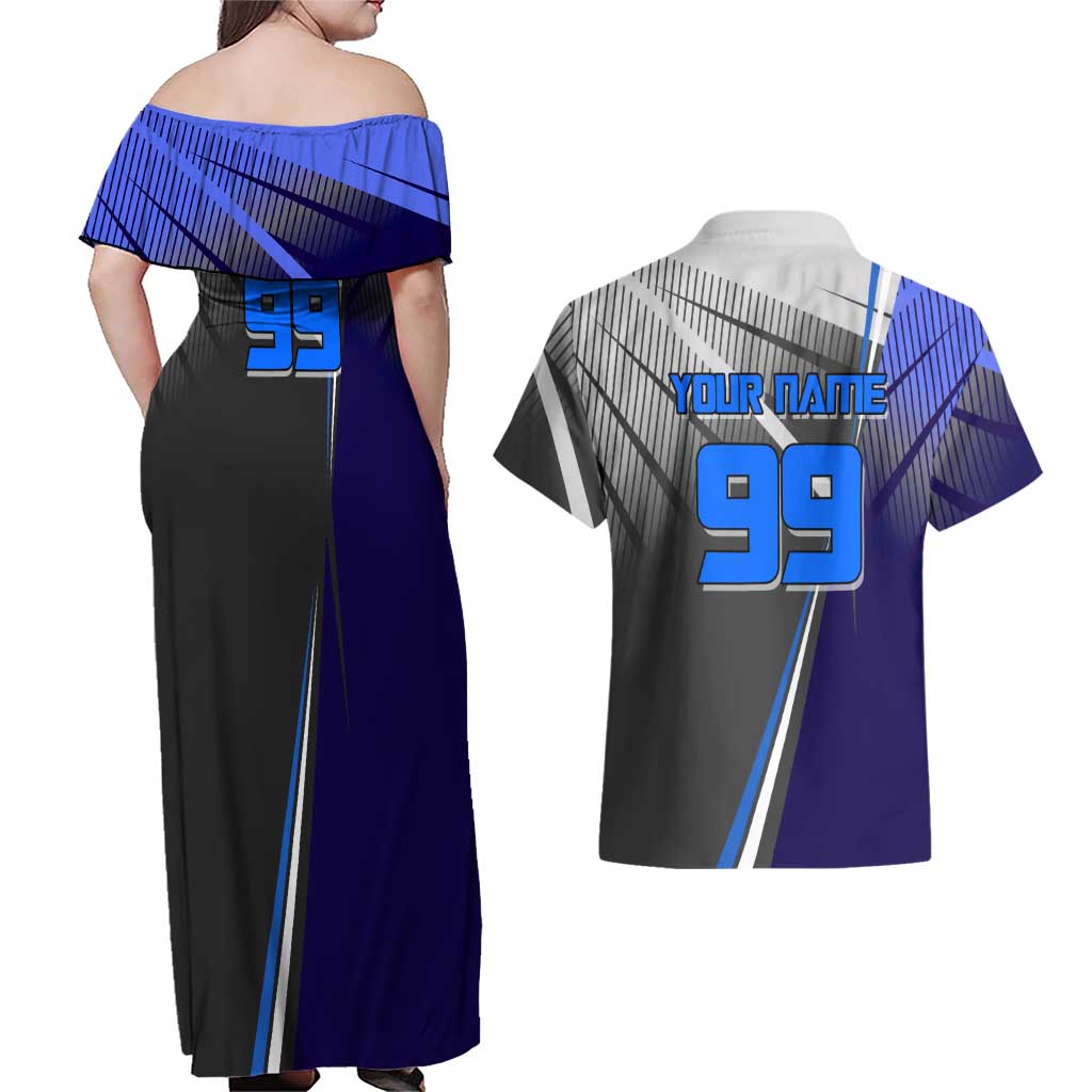 Personalized Aoi Todo Jujutsu Kaisen Couples Matching Off Shoulder Maxi Dress and Hawaiian Shirt with Blue Gradient and Goalkeeper Action Design