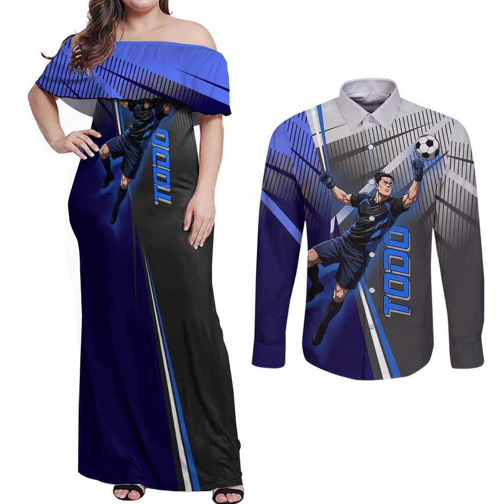 Personalized Aoi Todo Jujutsu Kaisen Couples Matching Off Shoulder Maxi Dress and Long Sleeve Button Shirt with Blue Gradient and Goalkeeper Action Design