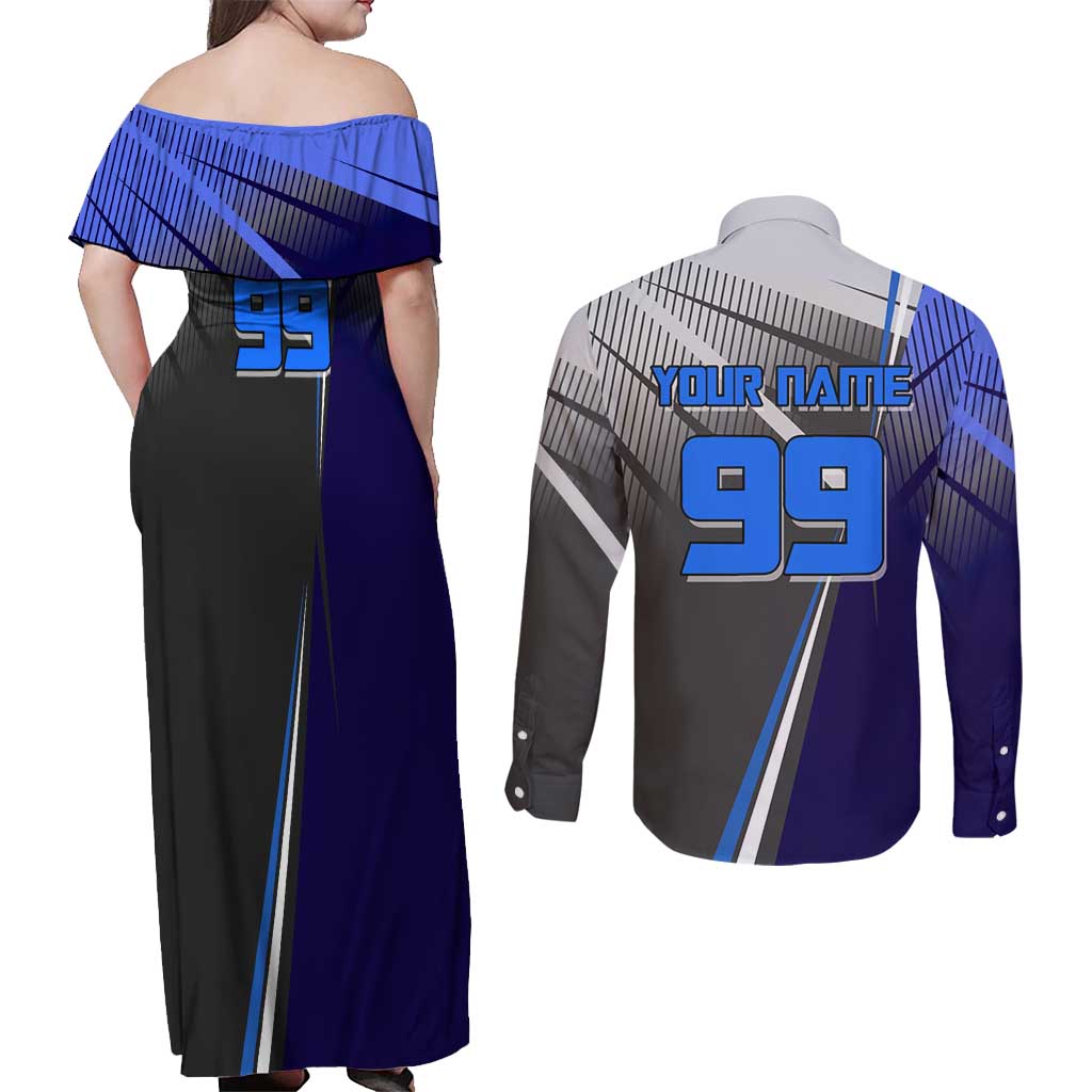 Personalized Aoi Todo Jujutsu Kaisen Couples Matching Off Shoulder Maxi Dress and Long Sleeve Button Shirt with Blue Gradient and Goalkeeper Action Design