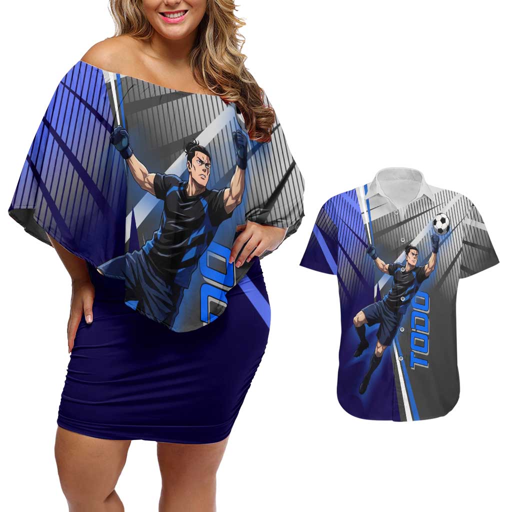 Personalized Aoi Todo Jujutsu Kaisen Couples Matching Off Shoulder Short Dress and Hawaiian Shirt with Blue Gradient and Goalkeeper Action Design