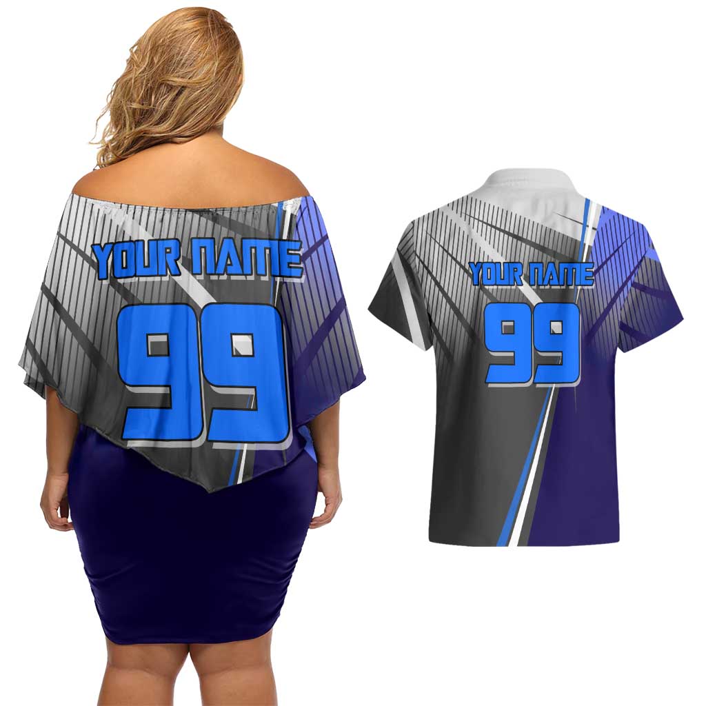 Personalized Aoi Todo Jujutsu Kaisen Couples Matching Off Shoulder Short Dress and Hawaiian Shirt with Blue Gradient and Goalkeeper Action Design