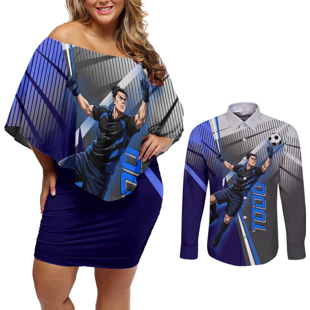 Personalized Aoi Todo Jujutsu Kaisen Couples Matching Off Shoulder Short Dress and Long Sleeve Button Shirt with Blue Gradient and Goalkeeper Action Design