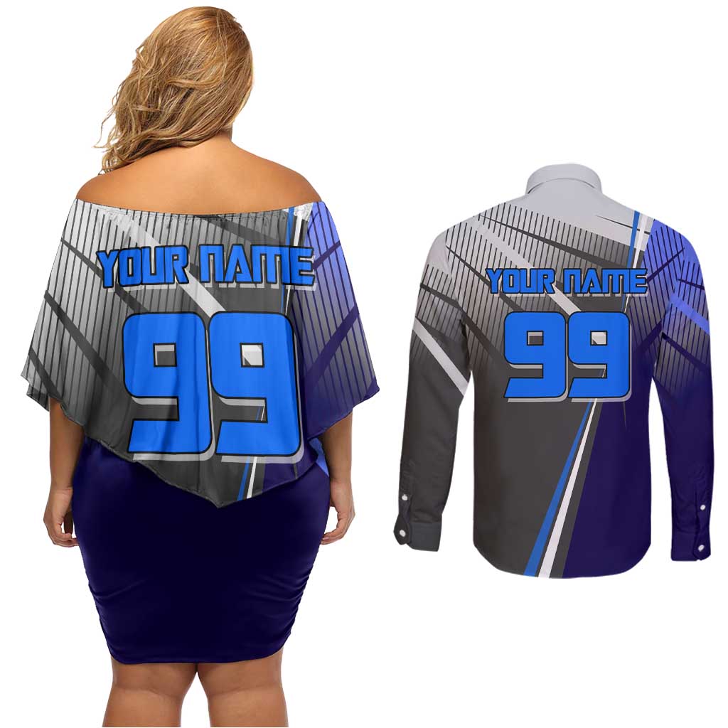 Personalized Aoi Todo Jujutsu Kaisen Couples Matching Off Shoulder Short Dress and Long Sleeve Button Shirt with Blue Gradient and Goalkeeper Action Design