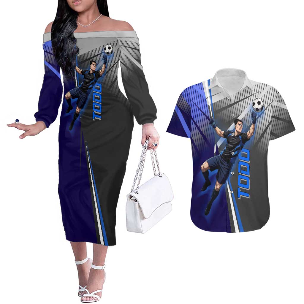 Personalized Aoi Todo Jujutsu Kaisen Couples Matching Off The Shoulder Long Sleeve Dress and Hawaiian Shirt with Blue Gradient and Goalkeeper Action Design