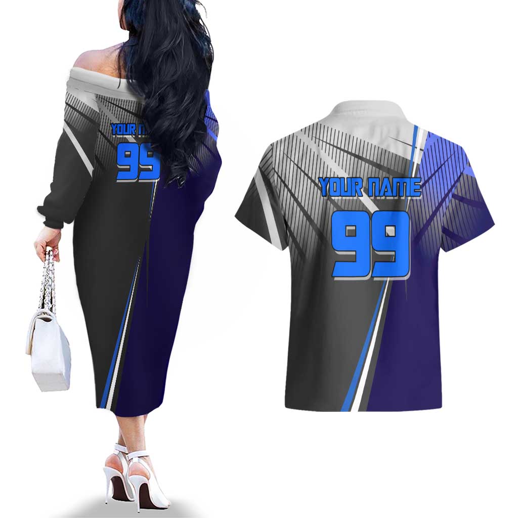 Personalized Aoi Todo Jujutsu Kaisen Couples Matching Off The Shoulder Long Sleeve Dress and Hawaiian Shirt with Blue Gradient and Goalkeeper Action Design