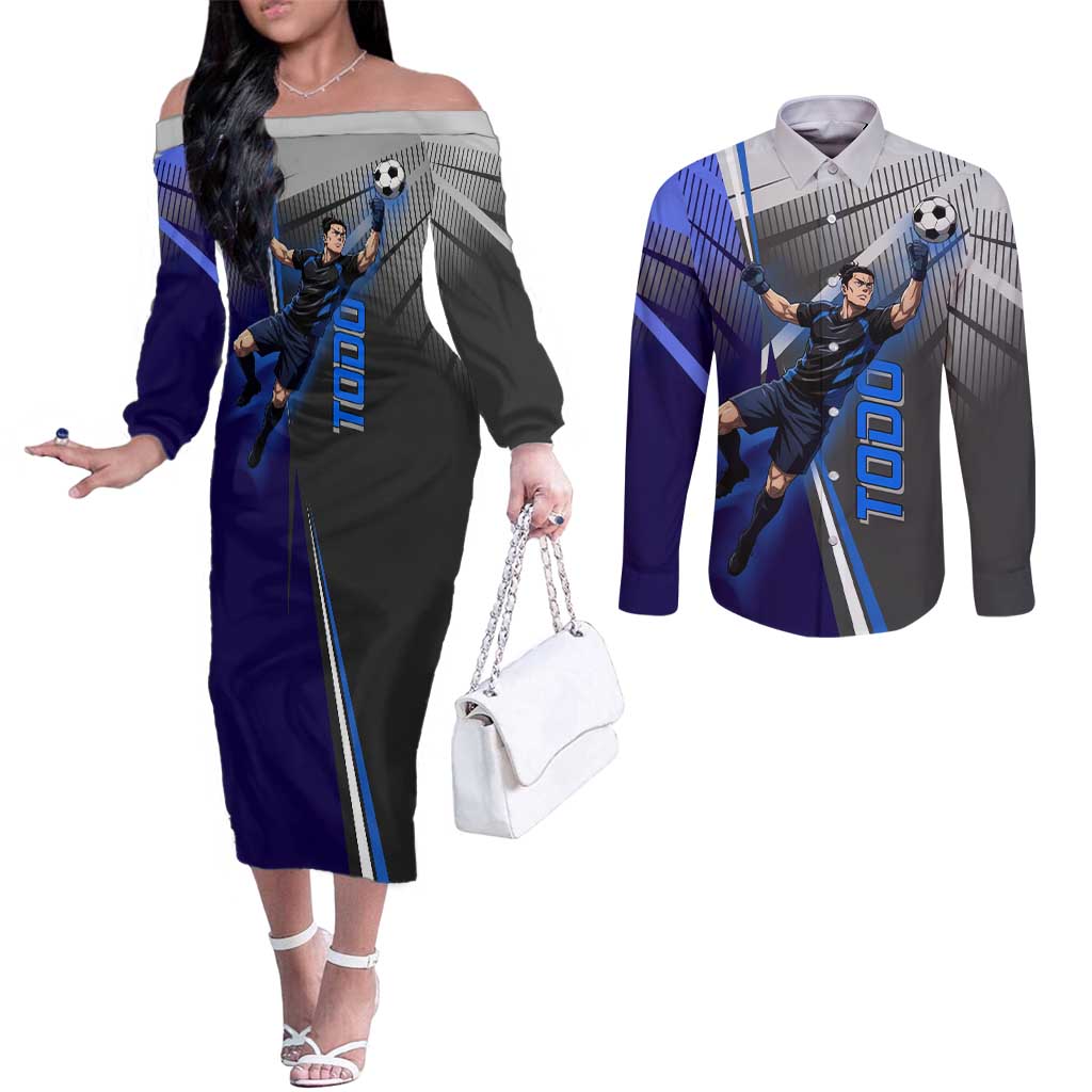 Personalized Aoi Todo Jujutsu Kaisen Couples Matching Off The Shoulder Long Sleeve Dress and Long Sleeve Button Shirt with Blue Gradient and Goalkeeper Action Design