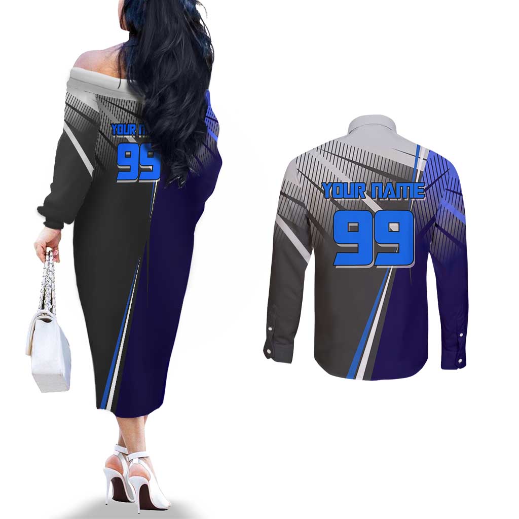 Personalized Aoi Todo Jujutsu Kaisen Couples Matching Off The Shoulder Long Sleeve Dress and Long Sleeve Button Shirt with Blue Gradient and Goalkeeper Action Design