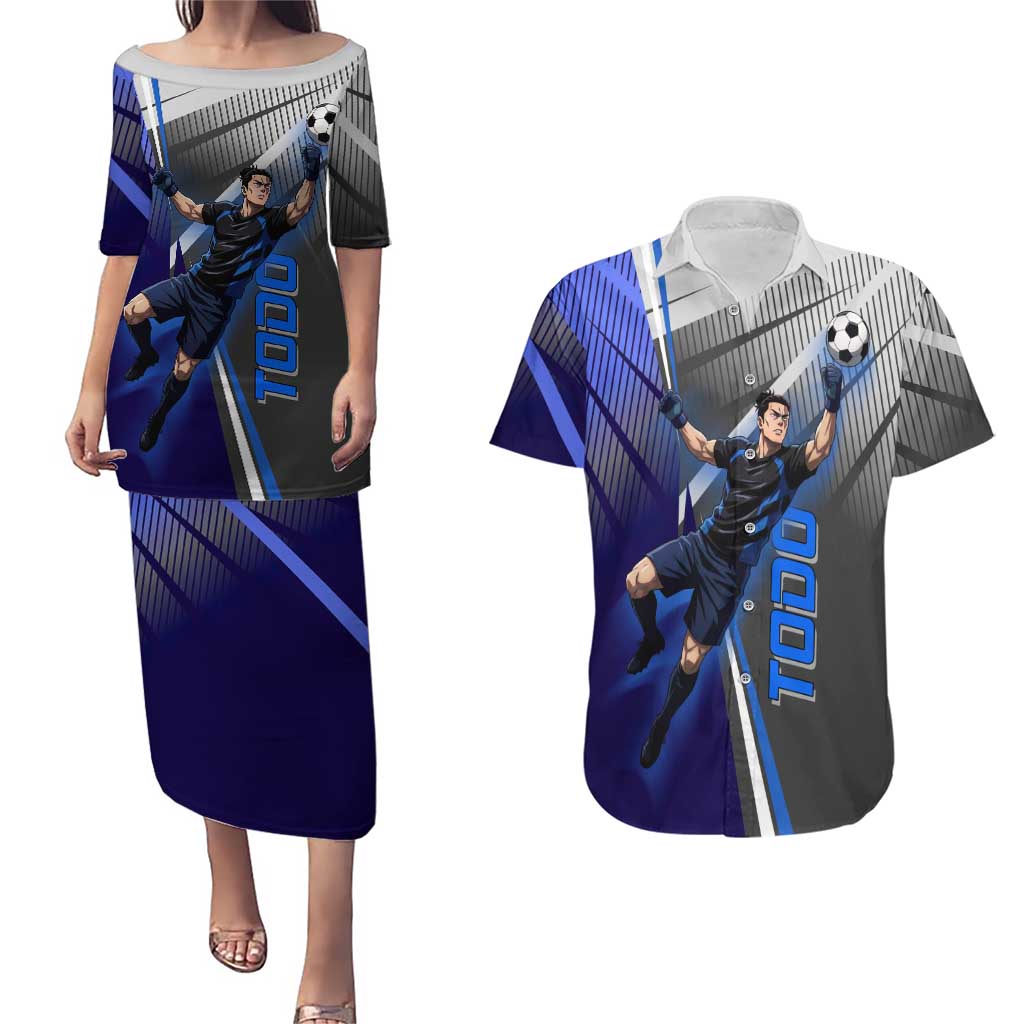 Personalized Aoi Todo Jujutsu Kaisen Couples Matching Puletasi and Hawaiian Shirt with Blue Gradient and Goalkeeper Action Design