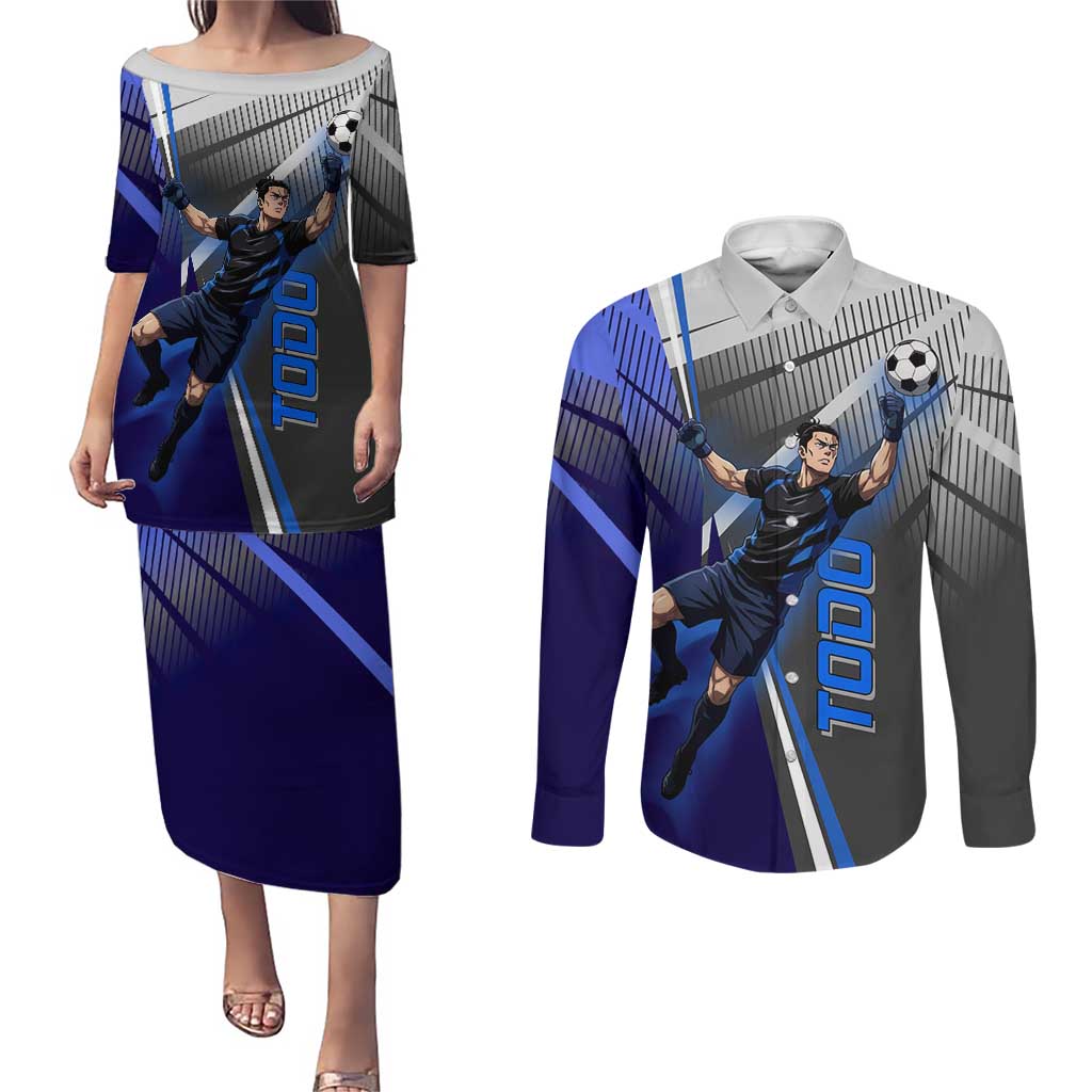 Personalized Aoi Todo Jujutsu Kaisen Couples Matching Puletasi and Long Sleeve Button Shirt with Blue Gradient and Goalkeeper Action Design