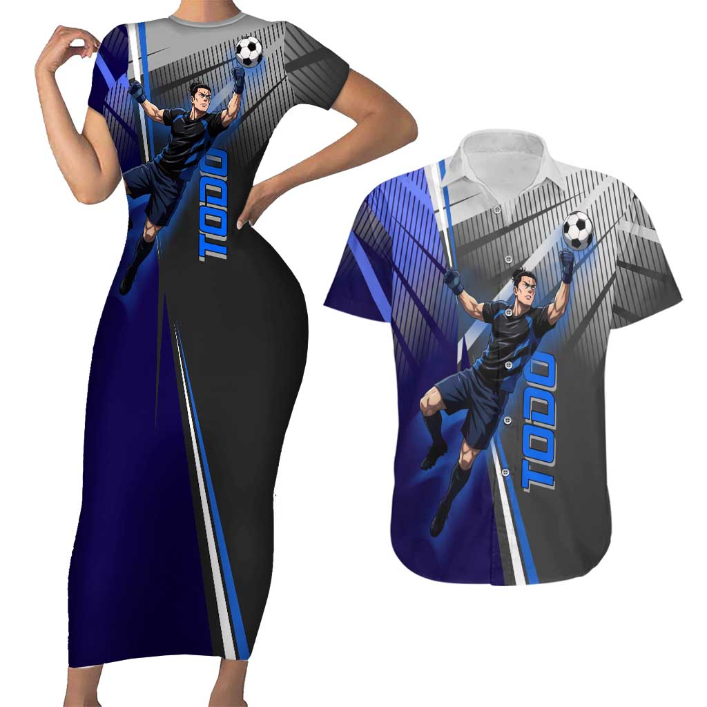 Personalized Aoi Todo Jujutsu Kaisen Couples Matching Short Sleeve Bodycon Dress and Hawaiian Shirt with Blue Gradient and Goalkeeper Action Design