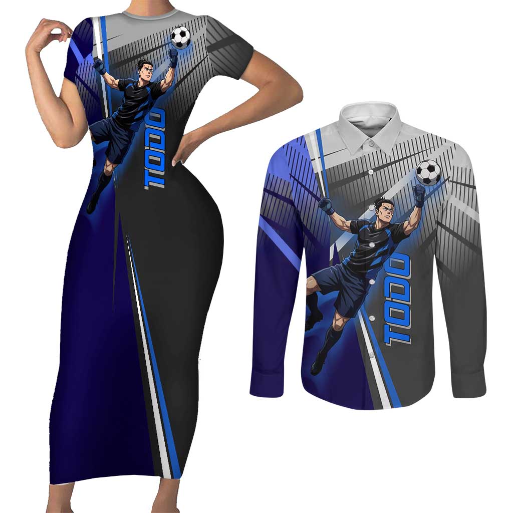 Personalized Aoi Todo Jujutsu Kaisen Couples Matching Short Sleeve Bodycon Dress and Long Sleeve Button Shirt with Blue Gradient and Goalkeeper Action Design