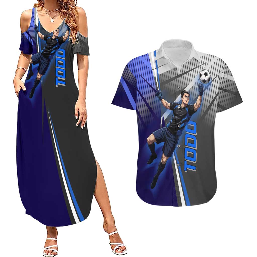 Personalized Aoi Todo Jujutsu Kaisen Couples Matching Summer Maxi Dress and Hawaiian Shirt with Blue Gradient and Goalkeeper Action Design