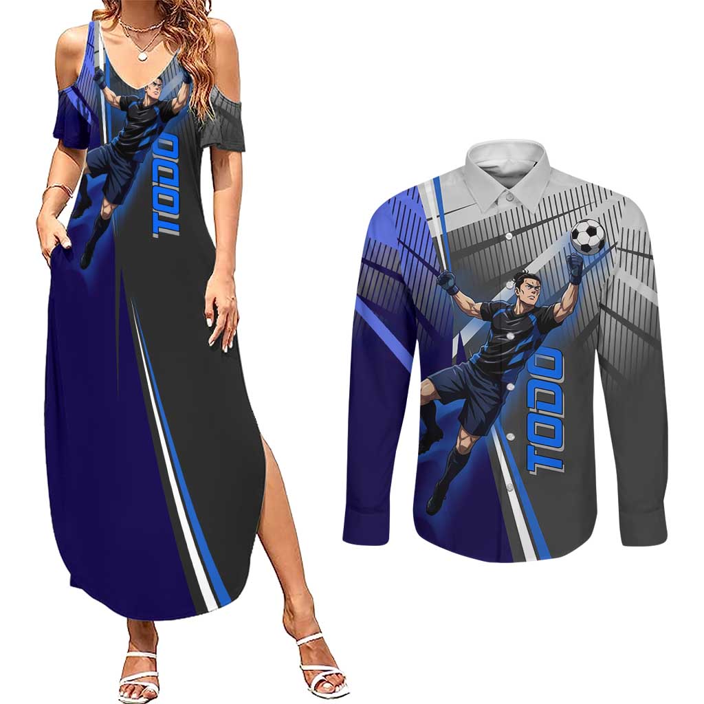 Personalized Aoi Todo Jujutsu Kaisen Couples Matching Summer Maxi Dress and Long Sleeve Button Shirt with Blue Gradient and Goalkeeper Action Design