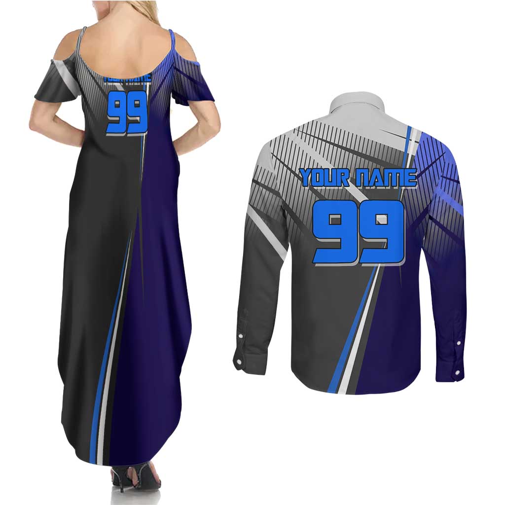 Personalized Aoi Todo Jujutsu Kaisen Couples Matching Summer Maxi Dress and Long Sleeve Button Shirt with Blue Gradient and Goalkeeper Action Design