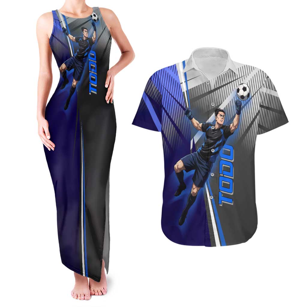 Personalized Aoi Todo Jujutsu Kaisen Couples Matching Tank Maxi Dress and Hawaiian Shirt with Blue Gradient and Goalkeeper Action Design