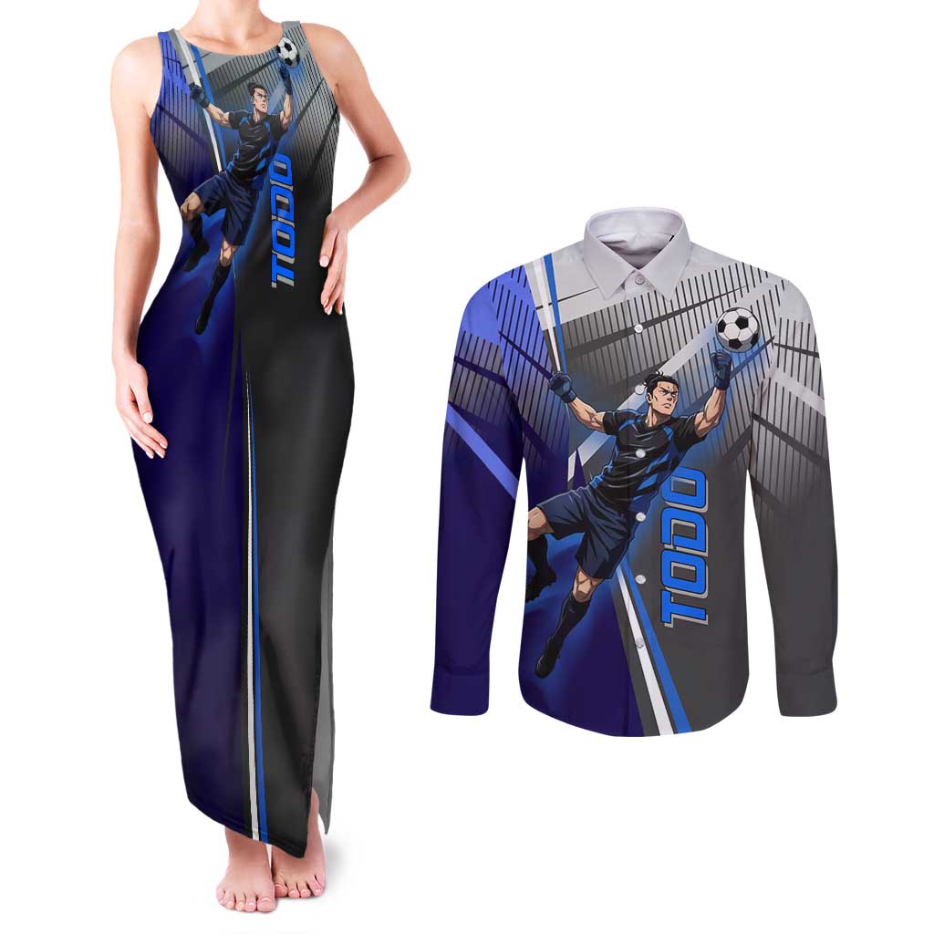 Personalized Aoi Todo Jujutsu Kaisen Couples Matching Tank Maxi Dress and Long Sleeve Button Shirt with Blue Gradient and Goalkeeper Action Design