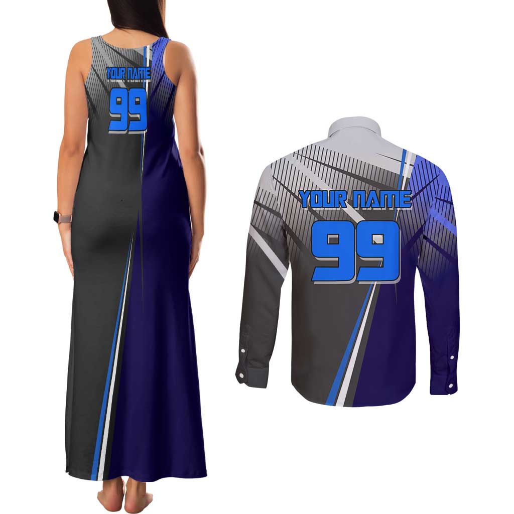 Personalized Aoi Todo Jujutsu Kaisen Couples Matching Tank Maxi Dress and Long Sleeve Button Shirt with Blue Gradient and Goalkeeper Action Design