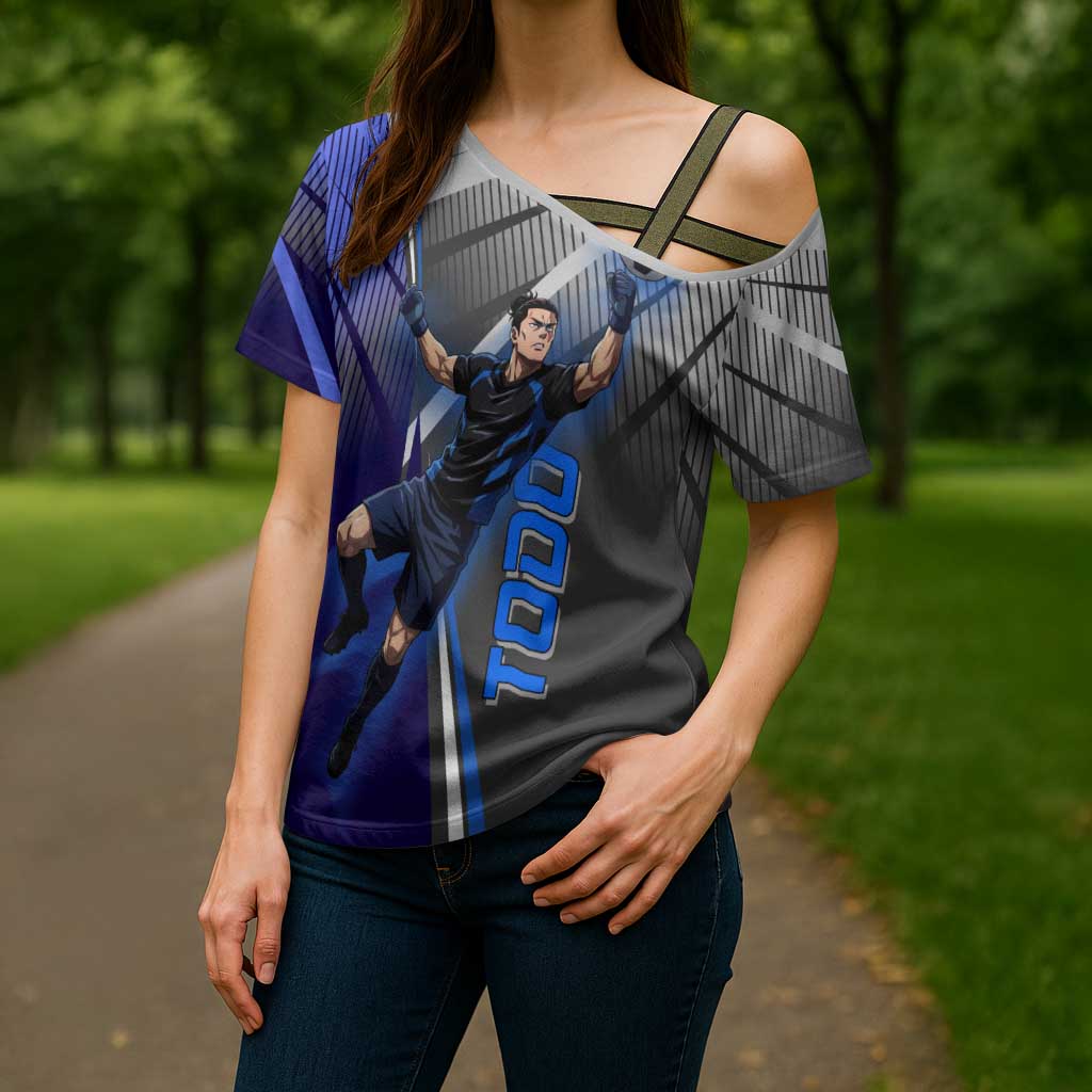 Personalized Aoi Todo Jujutsu Kaisen Cross Shoulder Shirt with Blue Gradient and Goalkeeper Action Design