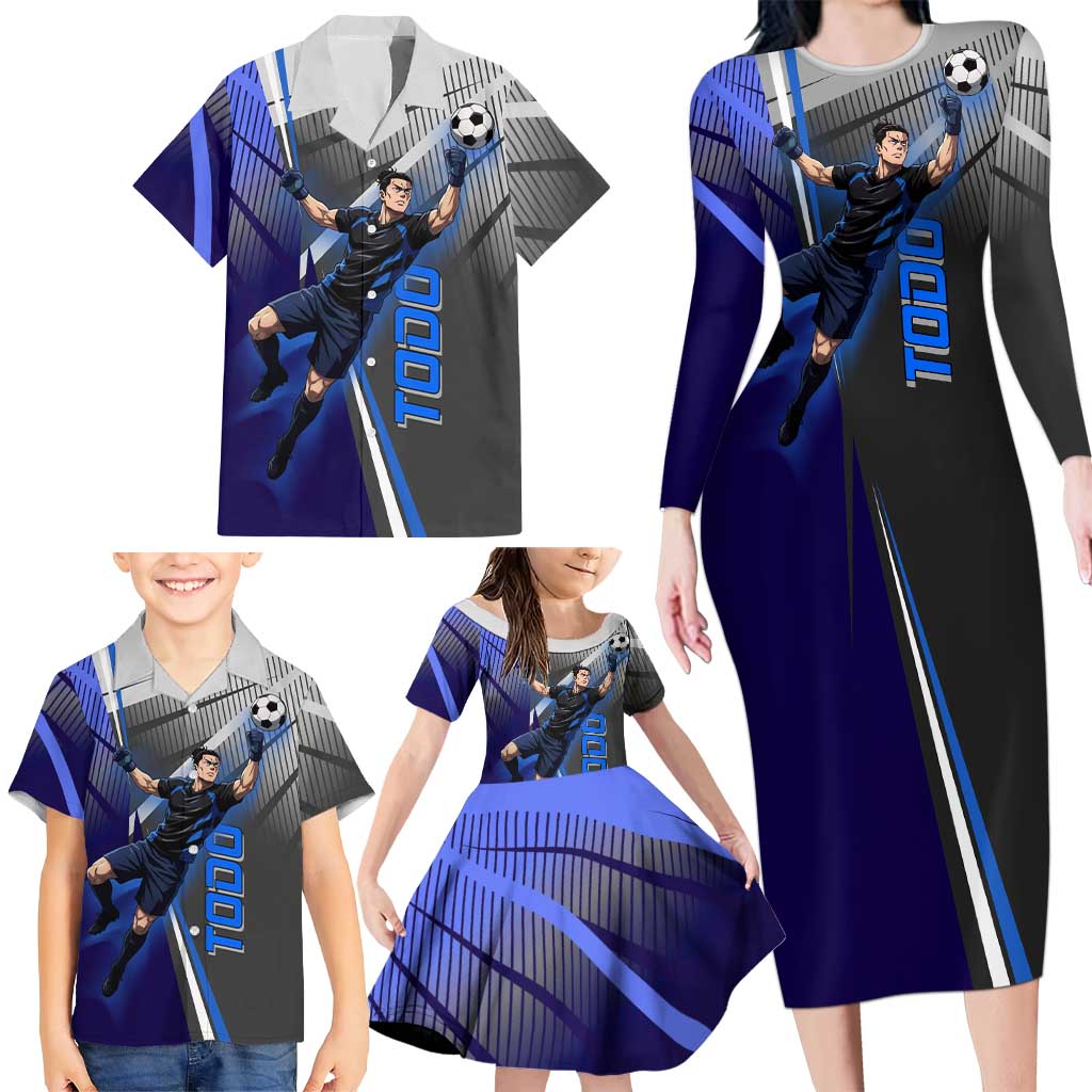 Personalized Aoi Todo Jujutsu Kaisen Family Matching Long Sleeve Bodycon Dress and Hawaiian Shirt with Blue Gradient and Goalkeeper Action Design