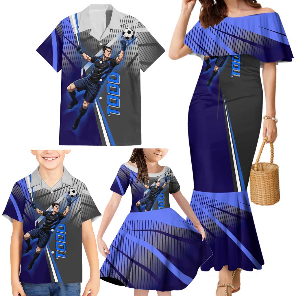 Personalized Aoi Todo Jujutsu Kaisen Family Matching Mermaid Dress and Hawaiian Shirt with Blue Gradient and Goalkeeper Action Design