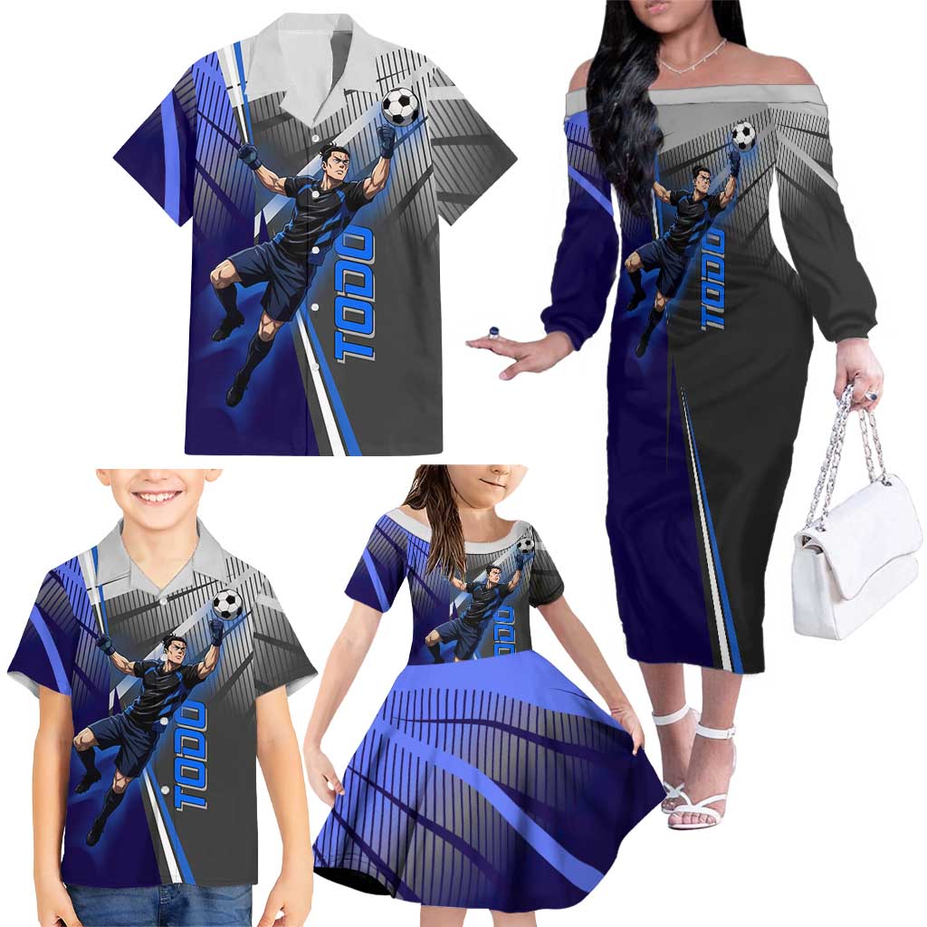 Personalized Aoi Todo Jujutsu Kaisen Family Matching Off The Shoulder Long Sleeve Dress and Hawaiian Shirt with Blue Gradient and Goalkeeper Action Design