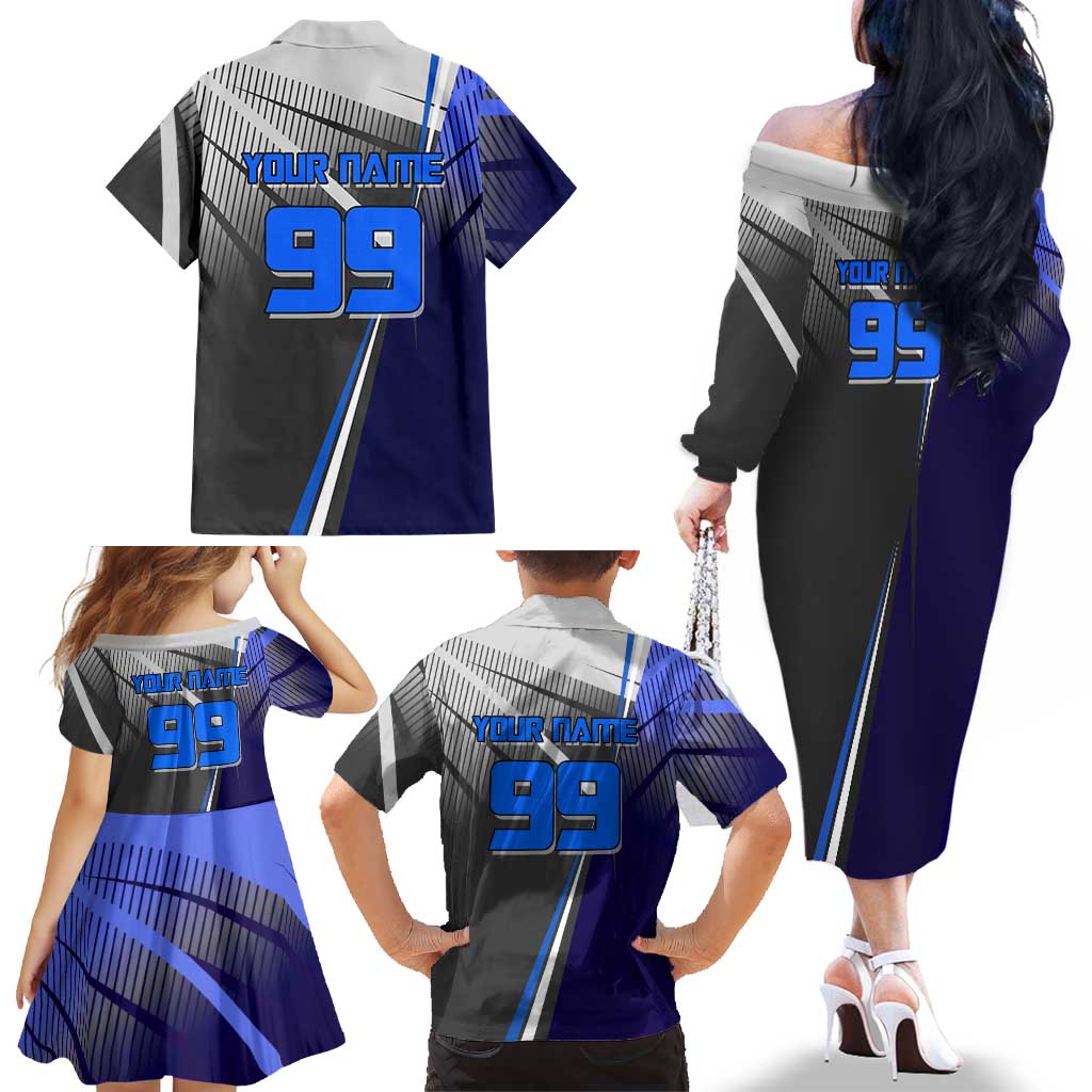 Personalized Aoi Todo Jujutsu Kaisen Family Matching Off The Shoulder Long Sleeve Dress and Hawaiian Shirt with Blue Gradient and Goalkeeper Action Design