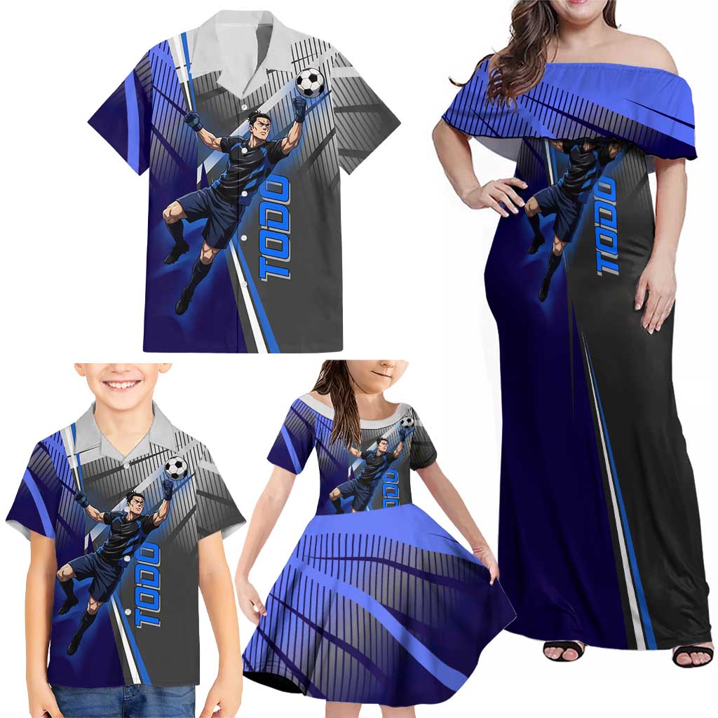 Personalized Aoi Todo Jujutsu Kaisen Family Matching Off Shoulder Maxi Dress and Hawaiian Shirt with Blue Gradient and Goalkeeper Action Design