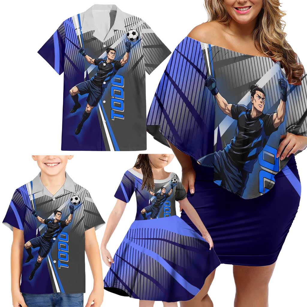 Personalized Aoi Todo Jujutsu Kaisen Family Matching Off Shoulder Short Dress and Hawaiian Shirt with Blue Gradient and Goalkeeper Action Design