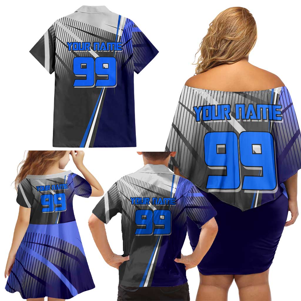 Personalized Aoi Todo Jujutsu Kaisen Family Matching Off Shoulder Short Dress and Hawaiian Shirt with Blue Gradient and Goalkeeper Action Design