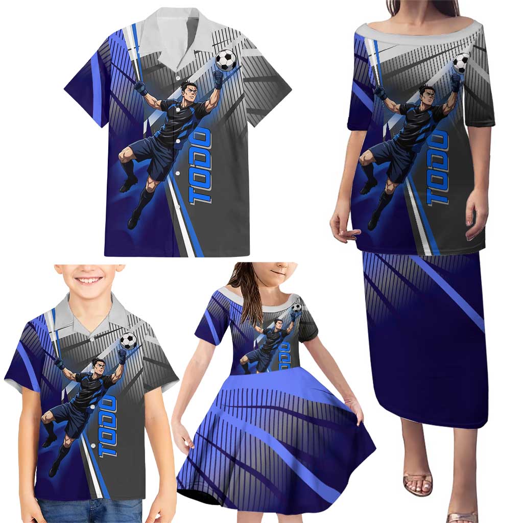 Personalized Aoi Todo Jujutsu Kaisen Family Matching Puletasi and Hawaiian Shirt with Blue Gradient and Goalkeeper Action Design