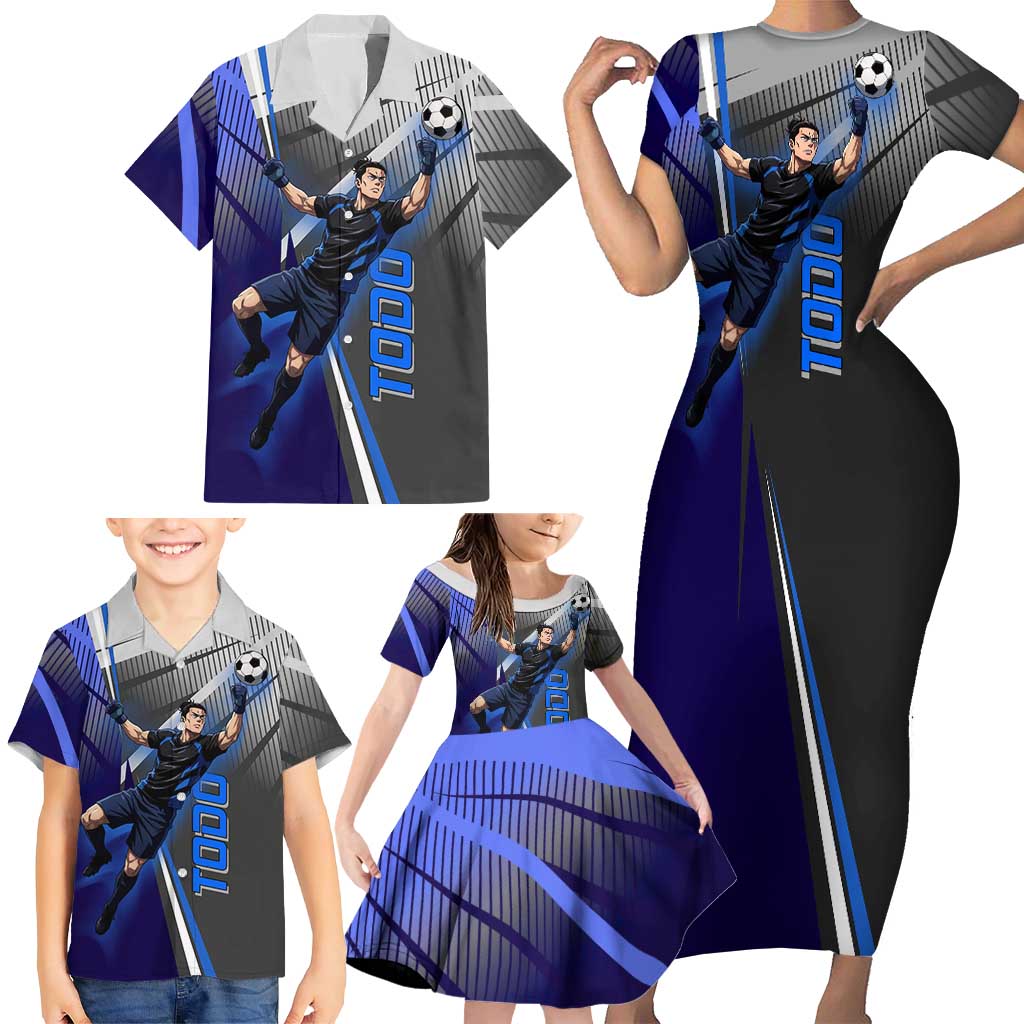 Personalized Aoi Todo Jujutsu Kaisen Family Matching Short Sleeve Bodycon Dress and Hawaiian Shirt with Blue Gradient and Goalkeeper Action Design