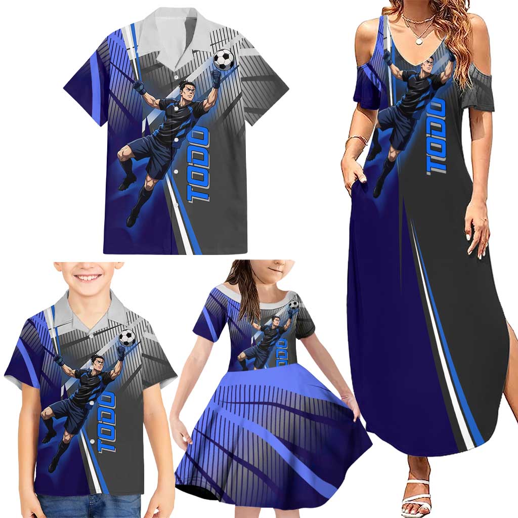 Personalized Aoi Todo Jujutsu Kaisen Family Matching Summer Maxi Dress and Hawaiian Shirt with Blue Gradient and Goalkeeper Action Design