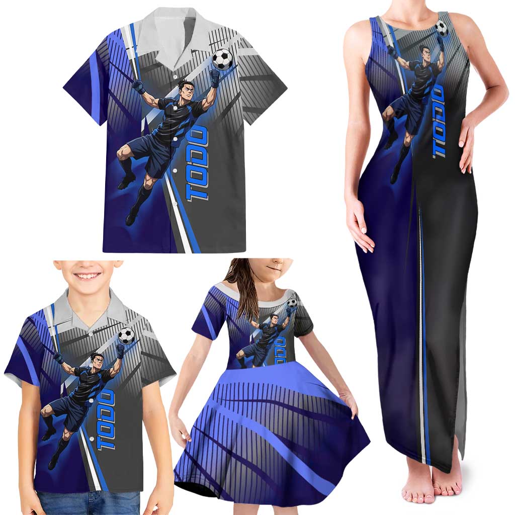 Personalized Aoi Todo Jujutsu Kaisen Family Matching Tank Maxi Dress and Hawaiian Shirt with Blue Gradient and Goalkeeper Action Design