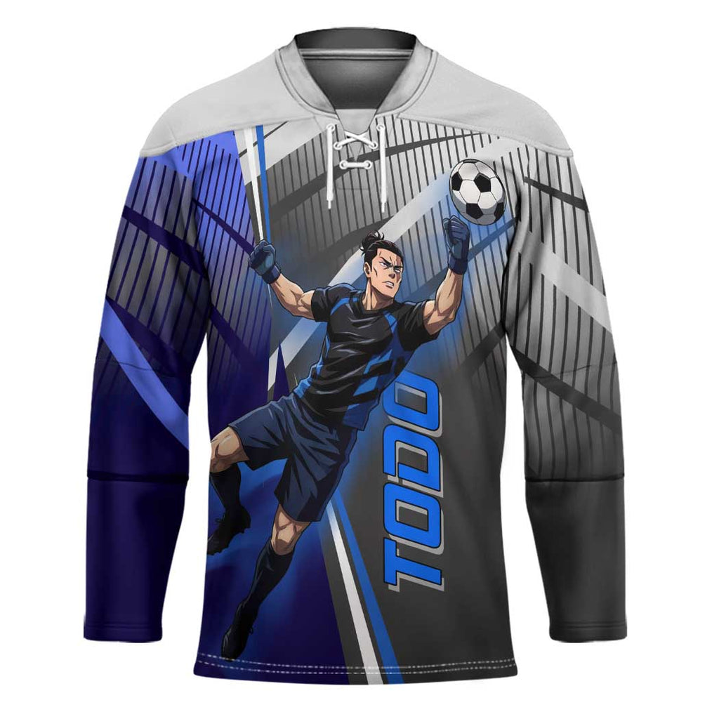Personalized Aoi Todo Jujutsu Kaisen Hockey Jersey with Blue Gradient and Goalkeeper Action Design