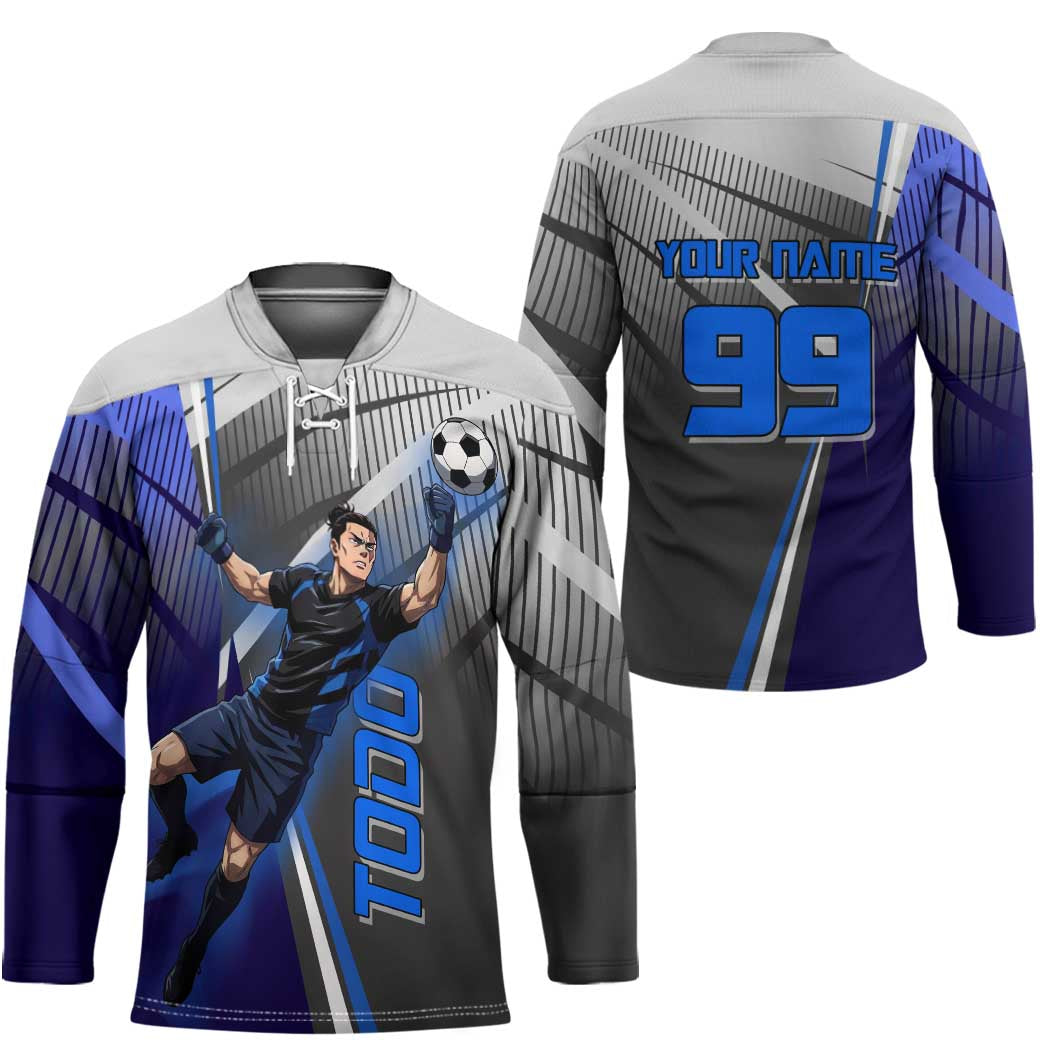Personalized Aoi Todo Jujutsu Kaisen Hockey Jersey with Blue Gradient and Goalkeeper Action Design