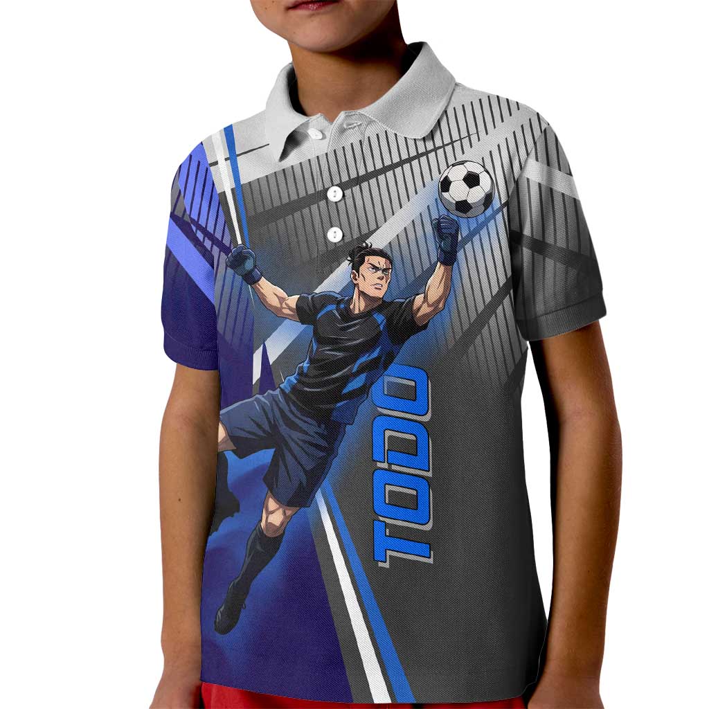 Personalized Aoi Todo Jujutsu Kaisen Kid Polo Shirt with Blue Gradient and Goalkeeper Action Design