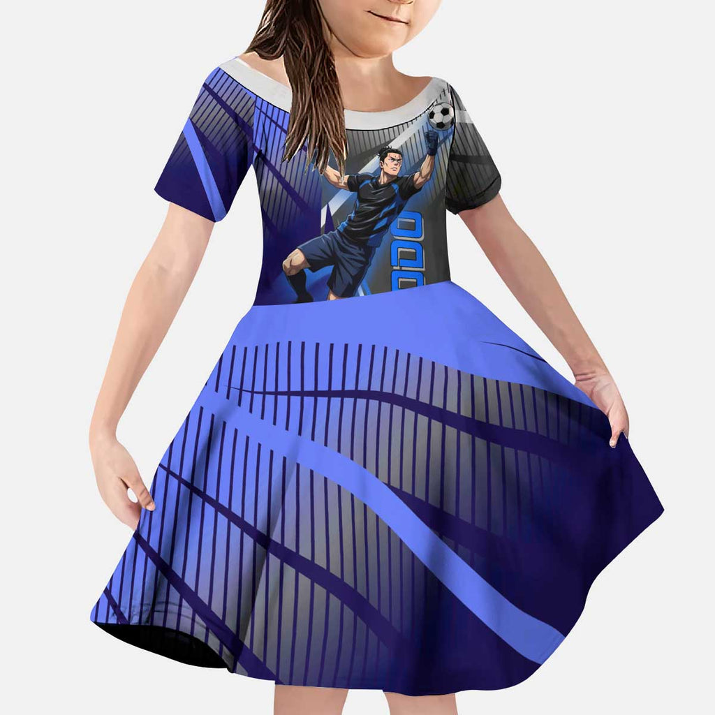 Personalized Aoi Todo Jujutsu Kaisen Kid Short Sleeve Dress with Blue Gradient and Goalkeeper Action Design