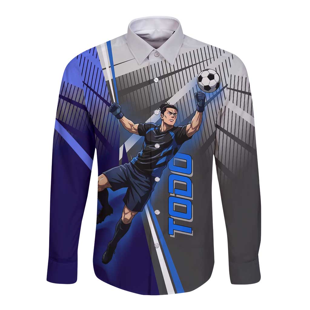 Personalized Aoi Todo Jujutsu Kaisen Long Sleeve Button Shirt with Blue Gradient and Goalkeeper Action Design