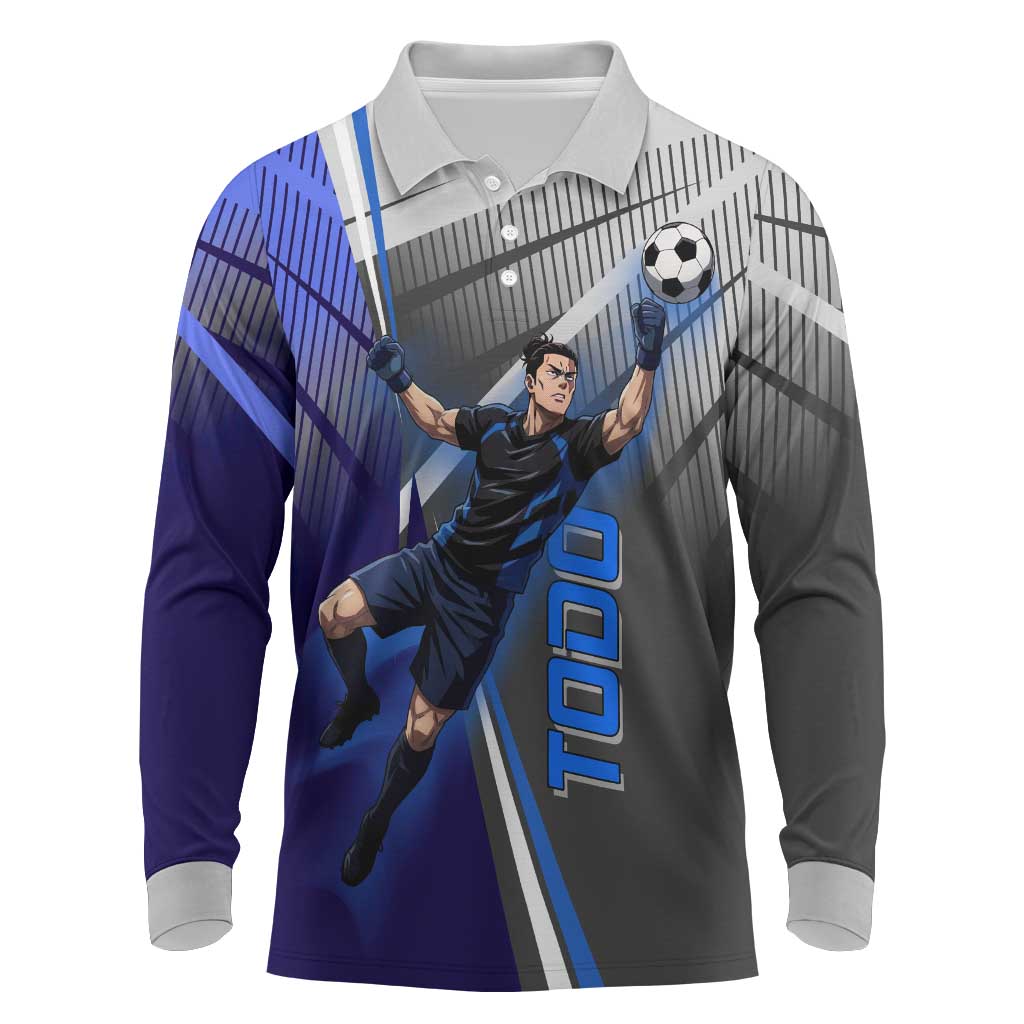Personalized Aoi Todo Jujutsu Kaisen Long Sleeve Polo Shirt with Blue Gradient and Goalkeeper Action Design