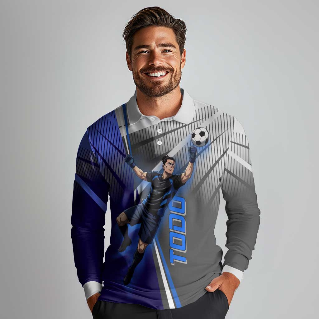 Personalized Aoi Todo Jujutsu Kaisen Long Sleeve Polo Shirt with Blue Gradient and Goalkeeper Action Design