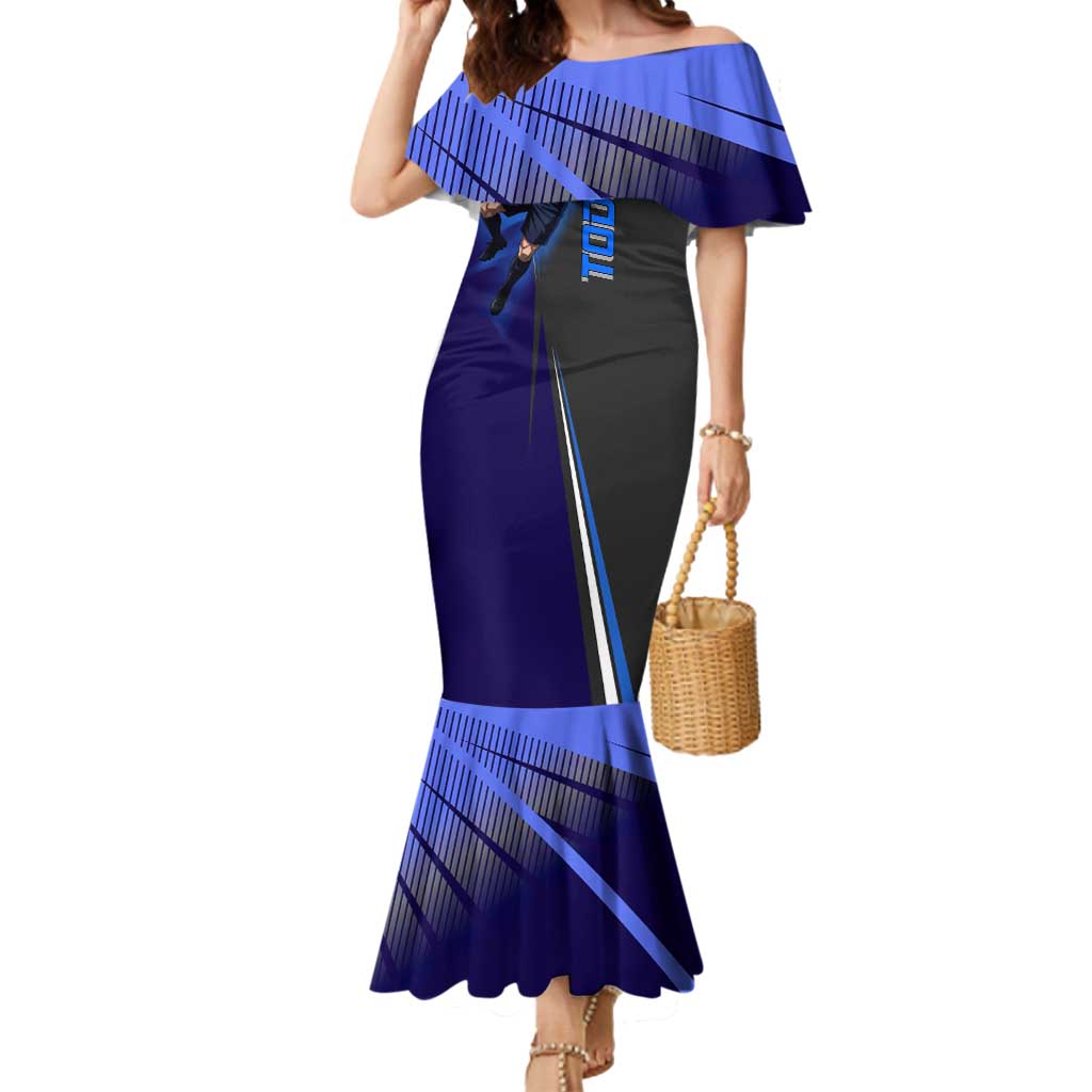 Personalized Aoi Todo Jujutsu Kaisen Mermaid Dress with Blue Gradient and Goalkeeper Action Design