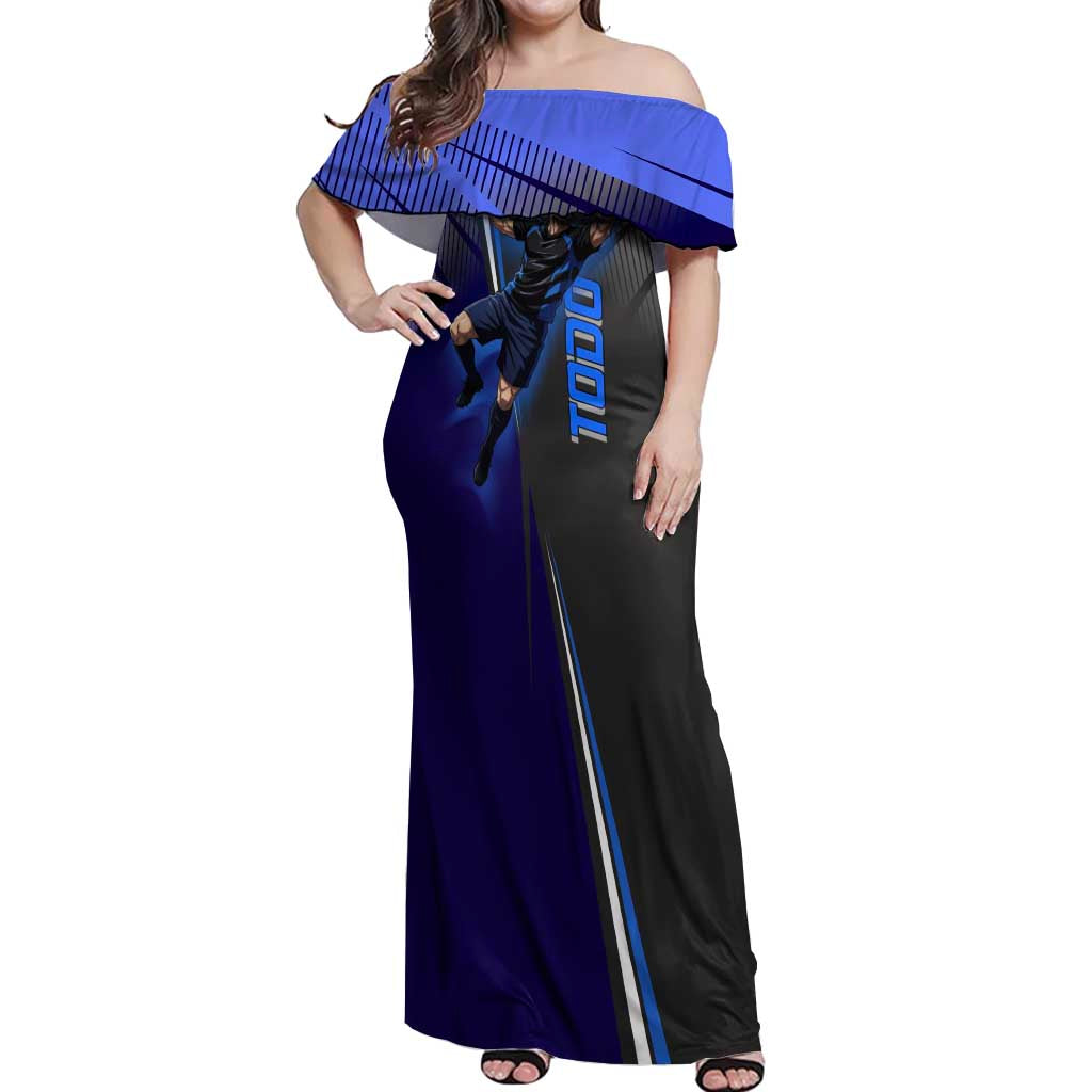 Personalized Aoi Todo Jujutsu Kaisen Off Shoulder Maxi Dress with Blue Gradient and Goalkeeper Action Design